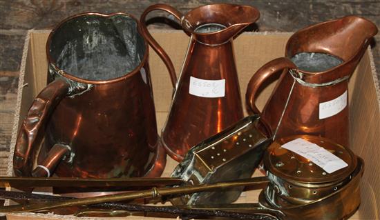 2 Victorian brass chestnut roasters, 18th century wrought iron handled brass ladle, brass saucepan and 3 copper jugs